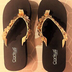 Corky's brand "No Running" Flip Flops - Brown/Bronze faux leather flowers SIZE 9